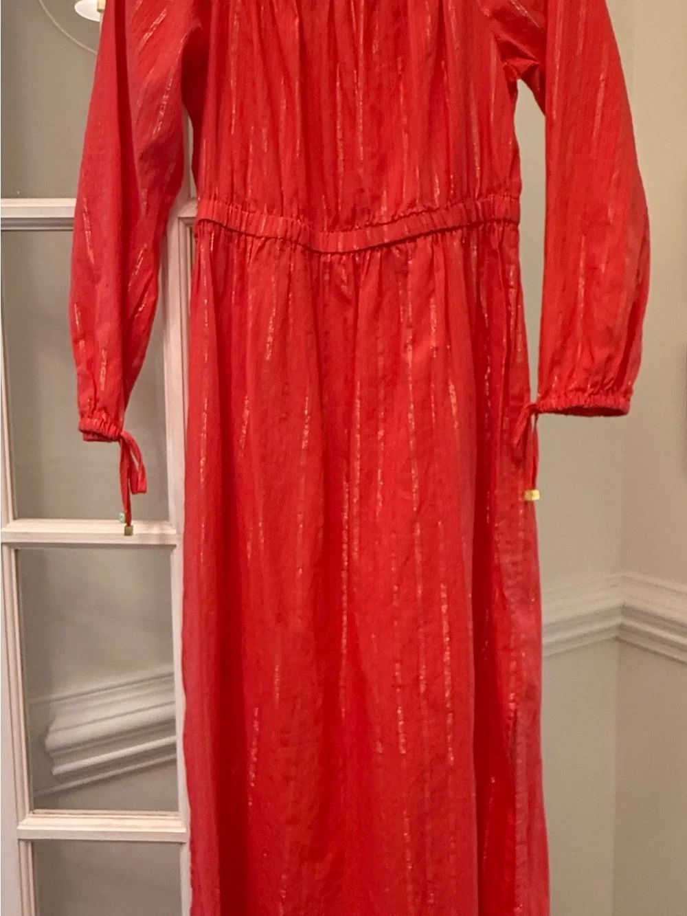 Michael Kors Coral-Red Long Sleeve Maxi Dress with Metallic Stripes
